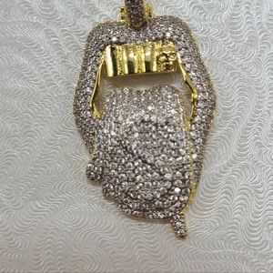 14K White Gold Finish Simulated Diamond Iced Out Dollar Tongue Necklace Pendant